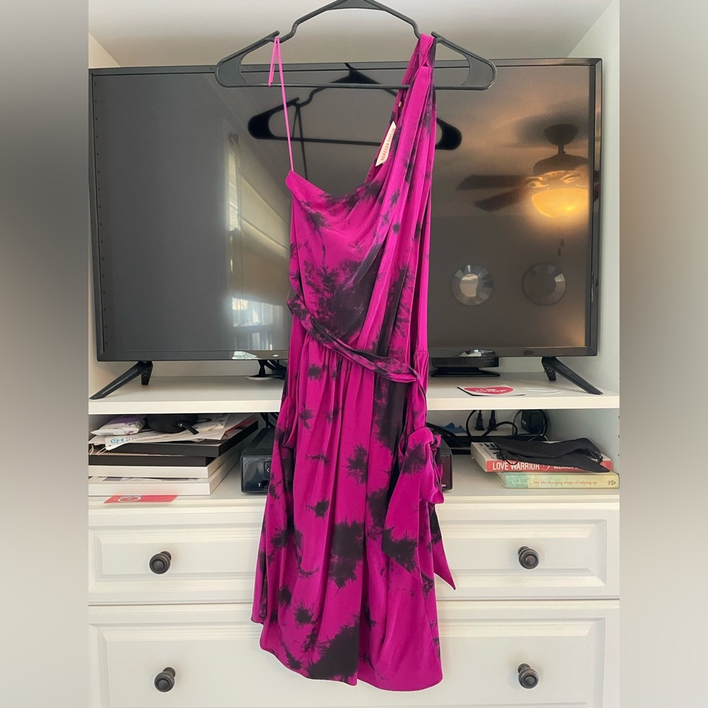 Rebecca Taylor, one shoulder magenta/black tie dye cocktail dress, size 4.